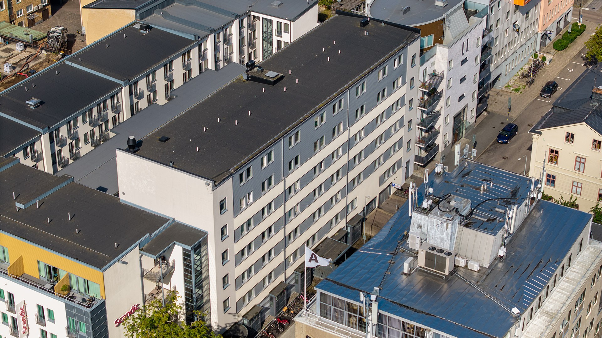 Drönarfoto över fastigheten Freja 14 i Karlstad