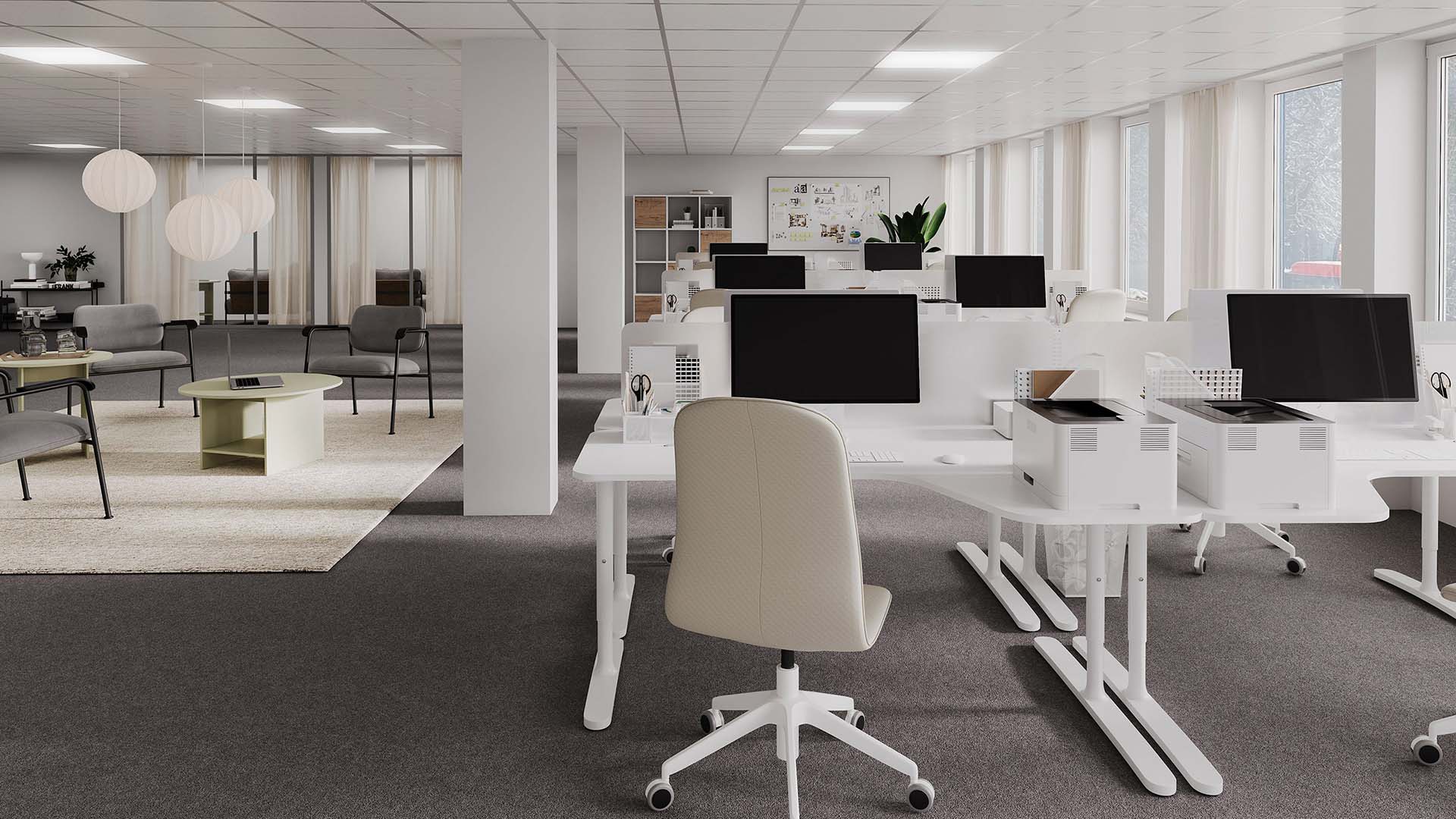 ljust kontor med öppet kontorslandskap